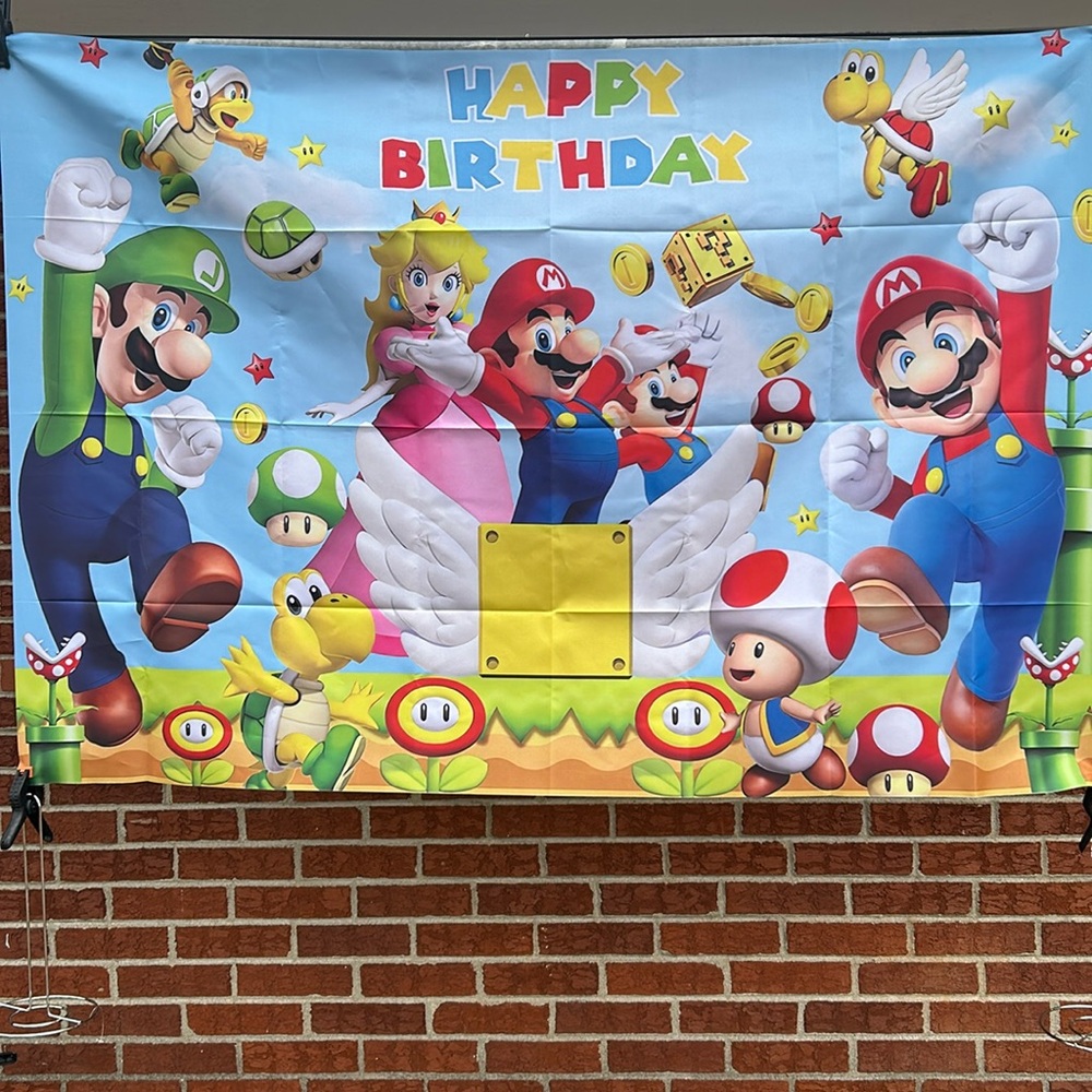 Super Mario brothers happy birthday backdrop,4 x 5,New, red, green, yellow pink